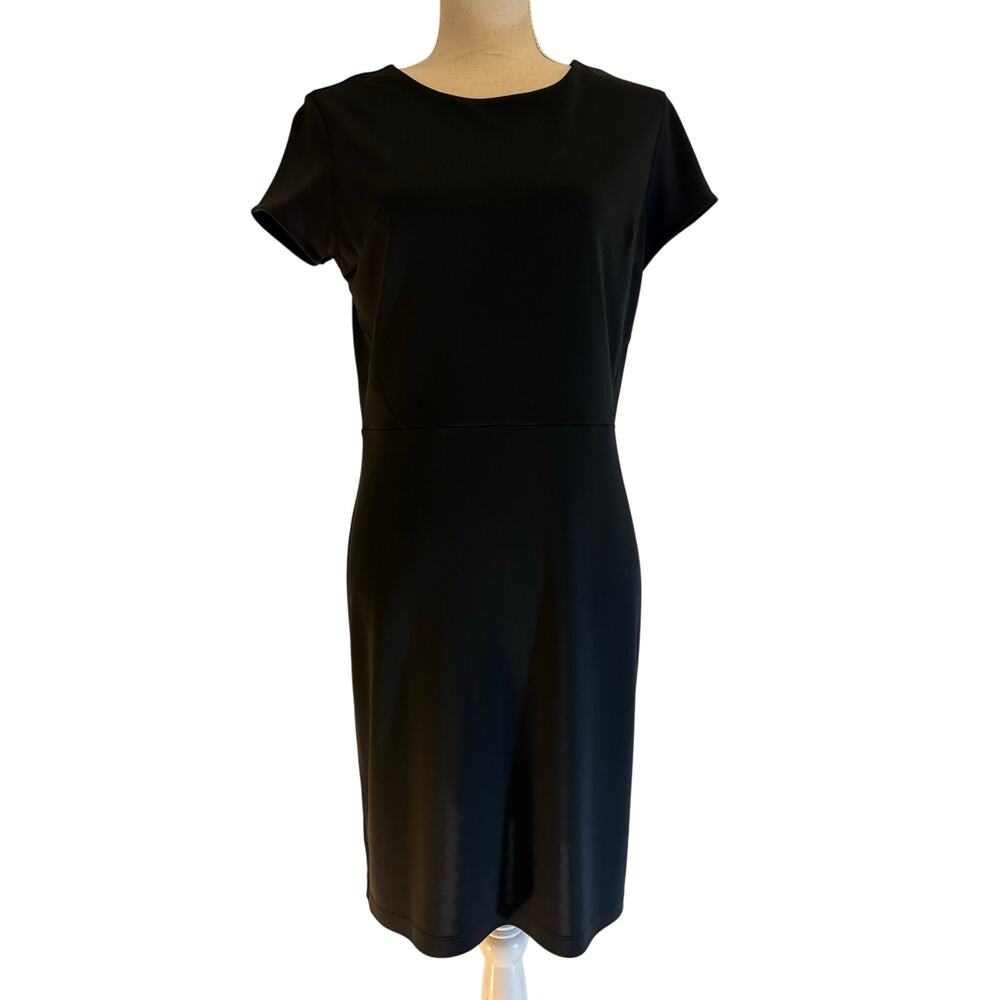 ANN TAYLOR Petite 10P Black Sheath Dress | Midi Stretch Classic Chic